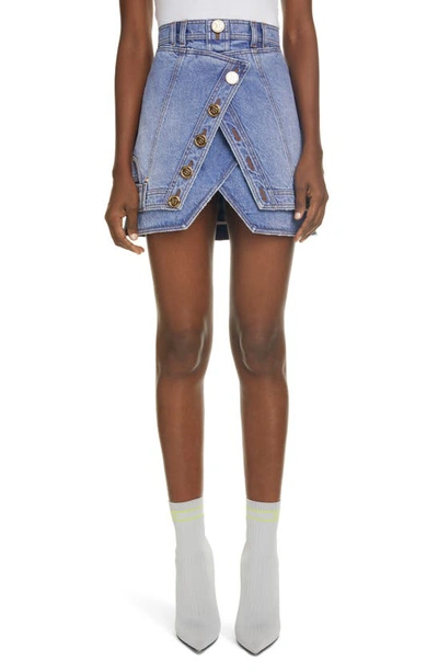 Shop Balmain Layered Denim Faux Wrap Miniskirt In Bleu Jean