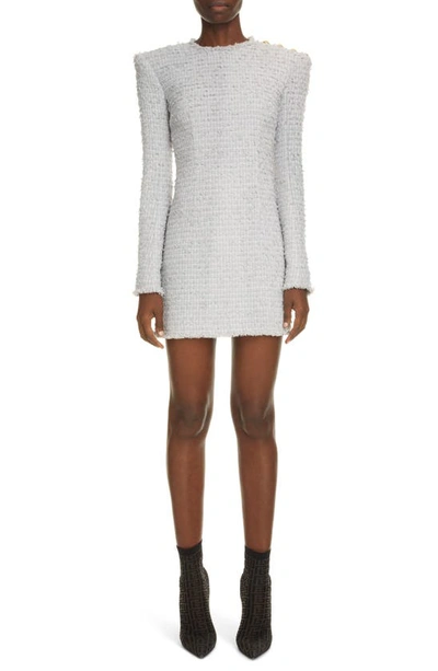 Shop Balmain Long Sleeve Tweed Minidress In Gris Clair