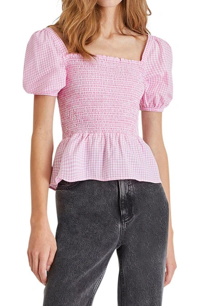 Shop French Connection Artina Gingham Smocked Top In Begonia Pink