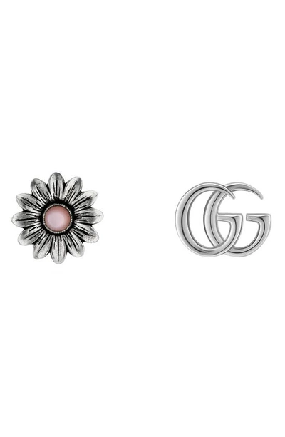 Shop Gucci Mismatched Double-g & Flower Stud Earrings In Silver