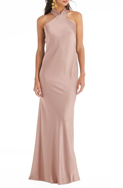 Shop Lovely Imogen Twist Halter Charmeuse Trumpet Gown In Toasted Sugar