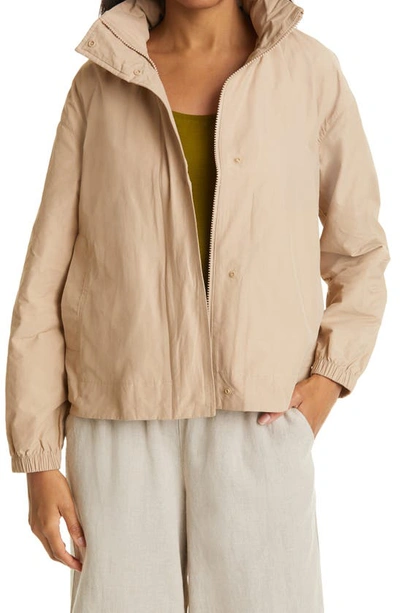 Shop Eileen Fisher Stand Collar Organic Cotton Blend Jacket In Khaki