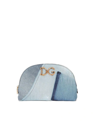 Shop Dolce & Gabbana Patchwork Denim Make-up Bag With Baroque Dg Logo In Variante Abbinata