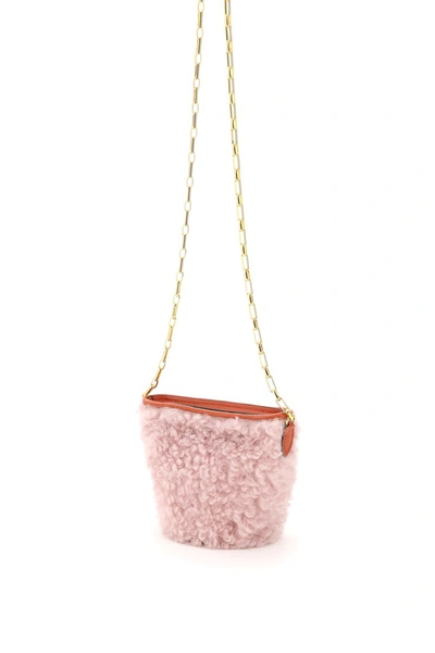Shop Marni Shearling Crossbody Mini Bag With Chain In Quartz Chili