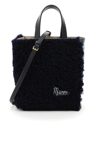 Shop Marni Museo Small Shearling Tote In Blublack Spherical Green