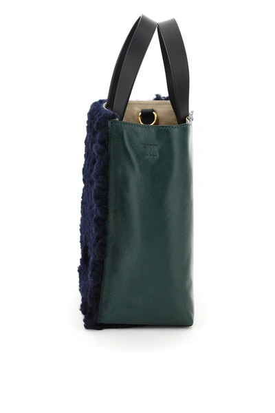 Shop Marni Museo Small Shearling Tote In Blublack Spherical Green