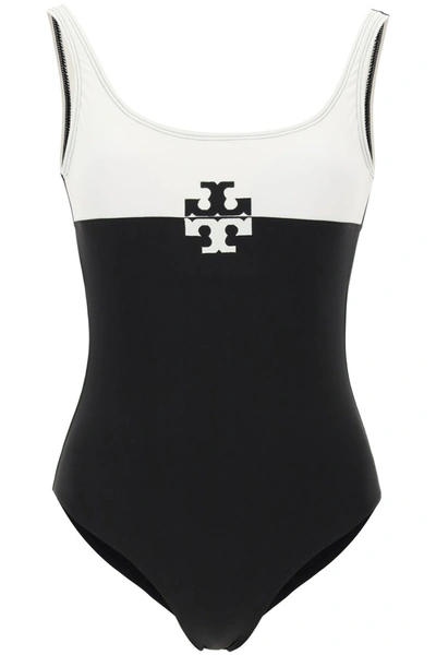 Shop Tory Burch Two-tone Swimsuit With Monogram In Black White