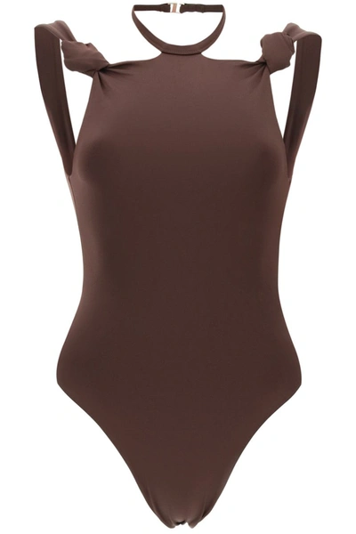 Shop Attico The  One-piece Swimsuit With Knots In Coffee