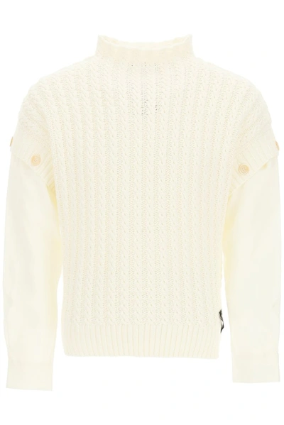 Shop Fendi Detachable Sleeve Cable Knit Jumper In White