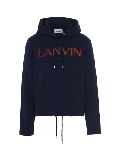 Shop Lanvin Logo Print Drawstring Hoodie In Navy