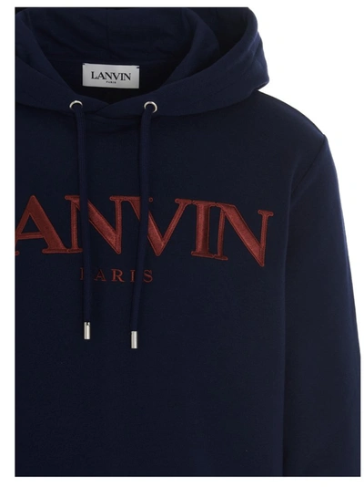 Shop Lanvin Logo Print Drawstring Hoodie In Navy