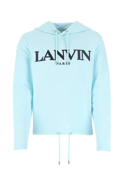 Shop Lanvin Logo Print Drawstring Hoodie In Blue