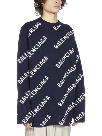 Shop Balenciaga Allover Logo Intarsia Knitted Sweater In Navy