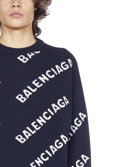 Shop Balenciaga Allover Logo Intarsia Knitted Sweater In Navy