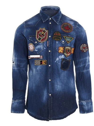 Shop Dsquared2 Patched Denim Shirt In Blue