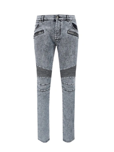 Shop Balmain Biker Style Skinny Leg Jeans In Grey