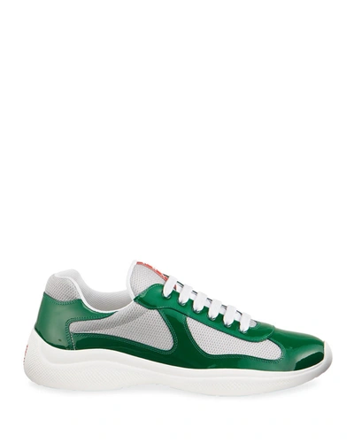 Shop Prada Men's America's Cup Patent Leather Patchwork Sneakers In Gray