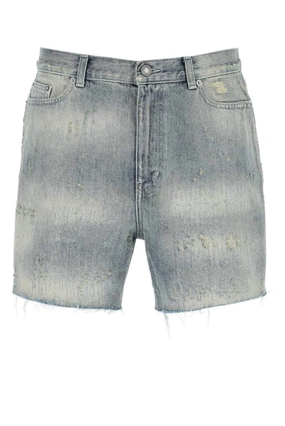 Shop Saint Laurent Destroyed California Denim Shorts In Blue