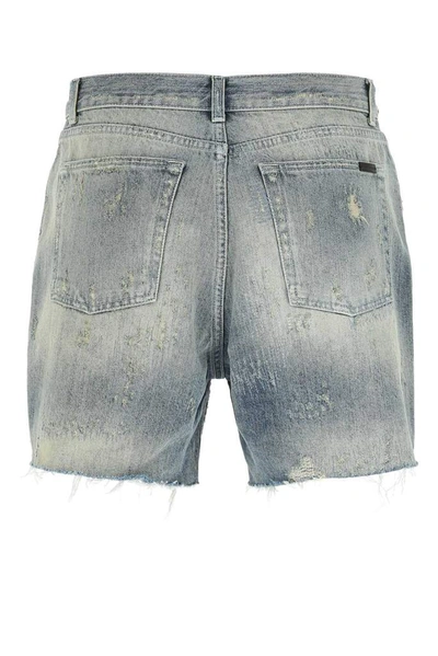 Shop Saint Laurent Destroyed California Denim Shorts In Blue