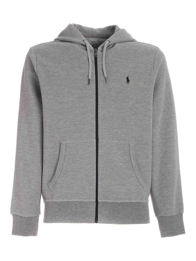 Shop Polo Ralph Lauren Logo Embroidered Zipped Hoodie In Grey