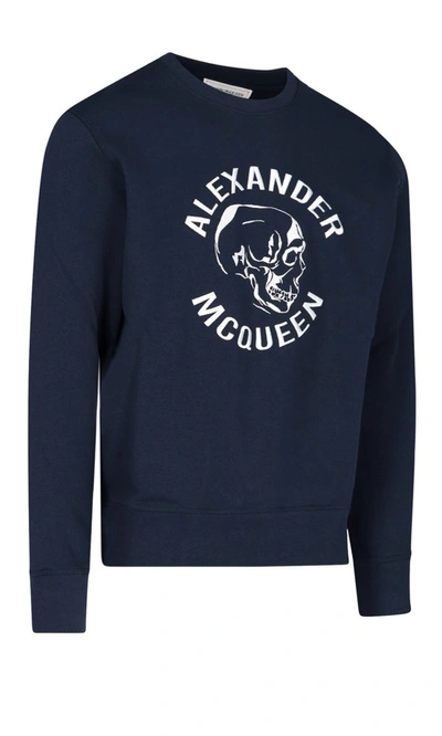 Shop Alexander Mcqueen Skull Logo Embroidered Sweatshirt In Navy