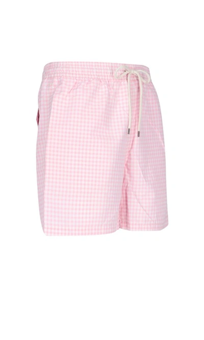 Shop Polo Ralph Lauren Gingham Print Swim Trunks In Pink