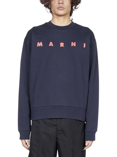 Shop Marni Logo Print Crewneck Sweatshirt In Navy
