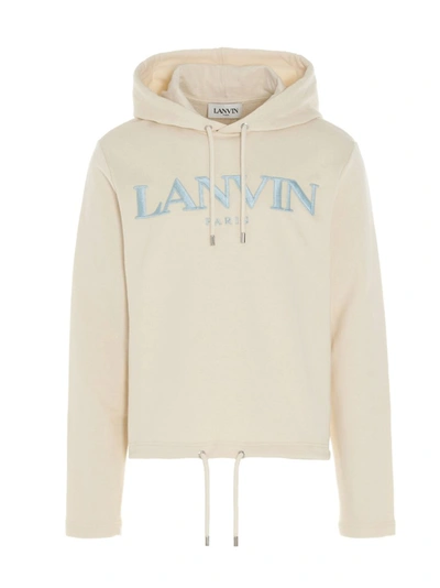 Shop Lanvin Logo Print Drawstring Hoodie In Beige