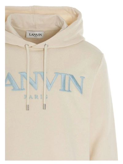 Shop Lanvin Logo Print Drawstring Hoodie In Beige