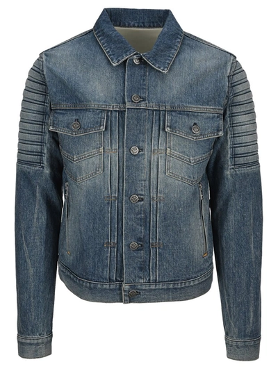 Shop Balmain Zipped Detail Denim Jacket In Blue