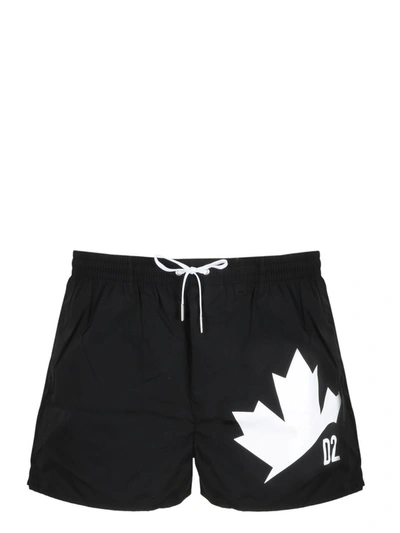 Shop Dsquared2 Maple Leaf Print Swim Trunks In Black