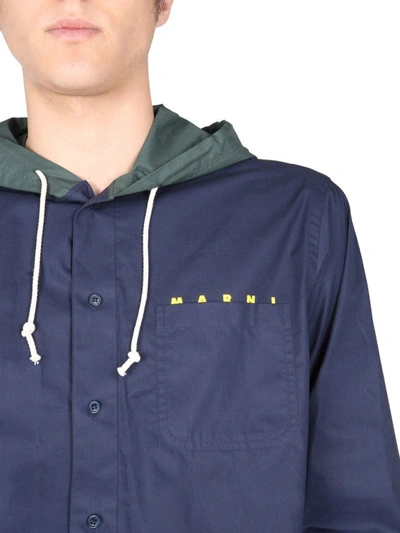 Shop Marni Logo Print Hooded Overshirt In Navy