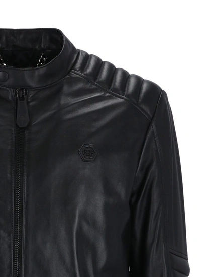 Shop Philipp Plein Band Collar Leather Jacket In Black