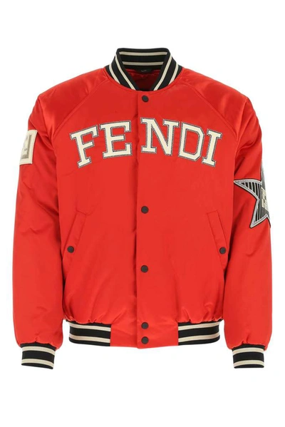 Shop Fendi Logo Bomber Jacket In Red