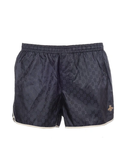 Shop Gucci Bee Embroidered Swim Shorts In Navy
