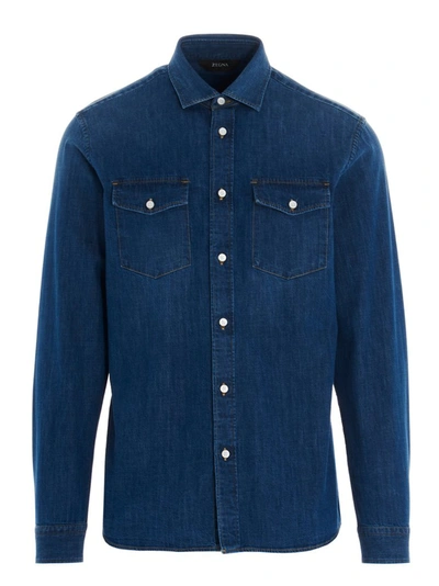 Shop Z Zegna Denim Long Sleeve Shirt In Blue