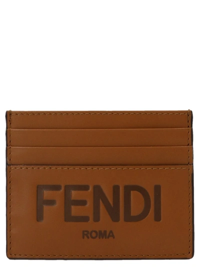 Shop Fendi Roma Lettering Cardholder In Brown