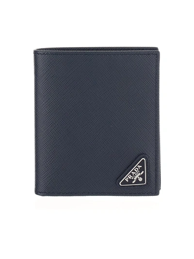 Shop Prada Logo Plaque Bifold Wallet In Navy