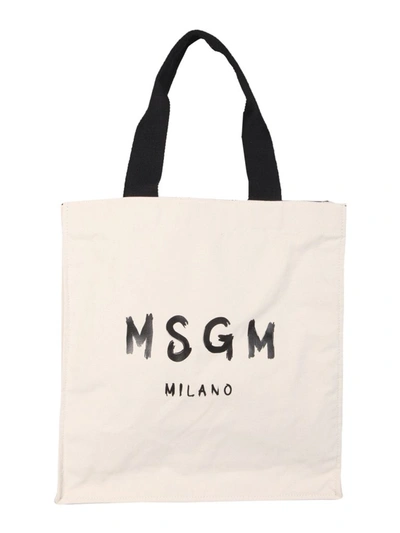 Shop Msgm Logo Print Tote Bag In Beige