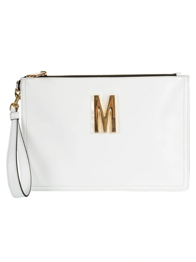 Shop Moschino Logo Plaque Clutch Bag In White