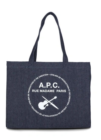 Shop Apc A.p.c. Logo Printed Denim Shopper Bag In Navy
