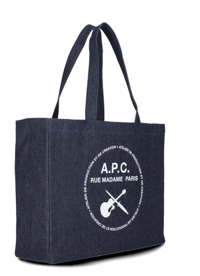 Shop Apc A.p.c. Logo Printed Denim Shopper Bag In Navy