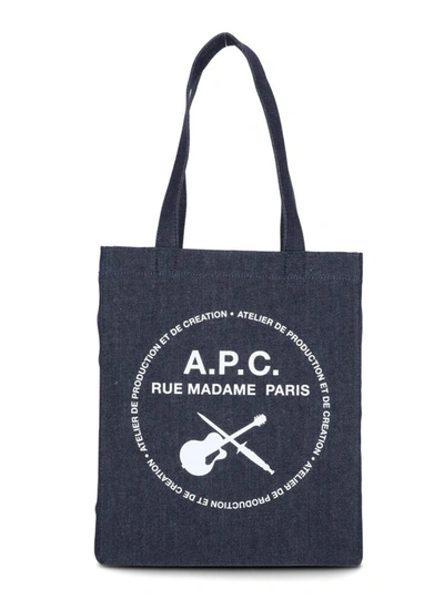 Shop Apc A.p.c. Logo Printed Denim Tote Bag In Navy