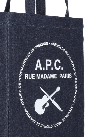 Shop Apc A.p.c. Logo Printed Denim Tote Bag In Navy