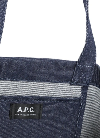 Shop Apc A.p.c. Logo Printed Denim Tote Bag In Navy