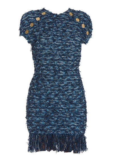 Shop Balmain Tweed Button Embellished Dress In Blue