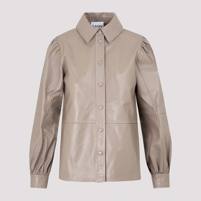 Shop Ganni Panelled Puffed Sleeve Leather Shirt In Beige