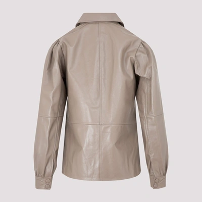 Shop Ganni Panelled Puffed Sleeve Leather Shirt In Beige