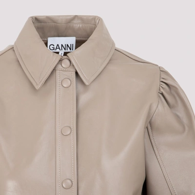 Shop Ganni Panelled Puffed Sleeve Leather Shirt In Beige