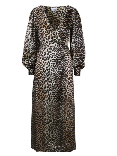 Shop Ganni Leopard Printed Wrap Dress In Multi